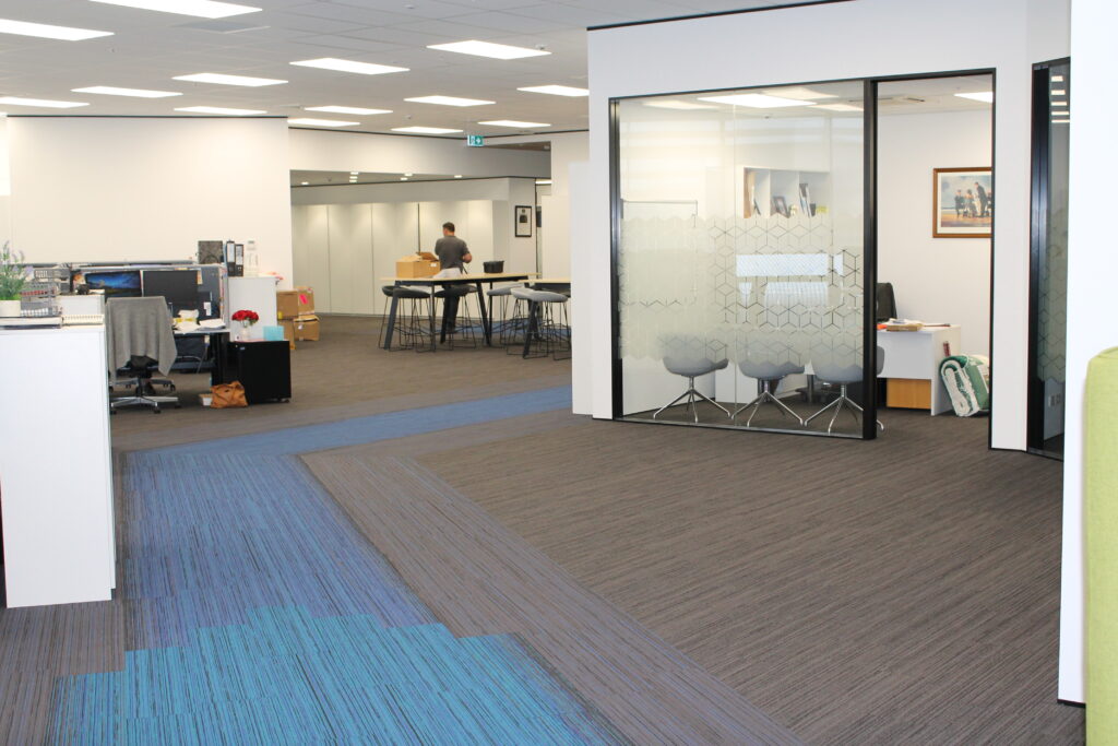 Briscoes HQ Morningside: Grey carpet in the open-plan office and grey timber-look planks in the kitchen and corridor