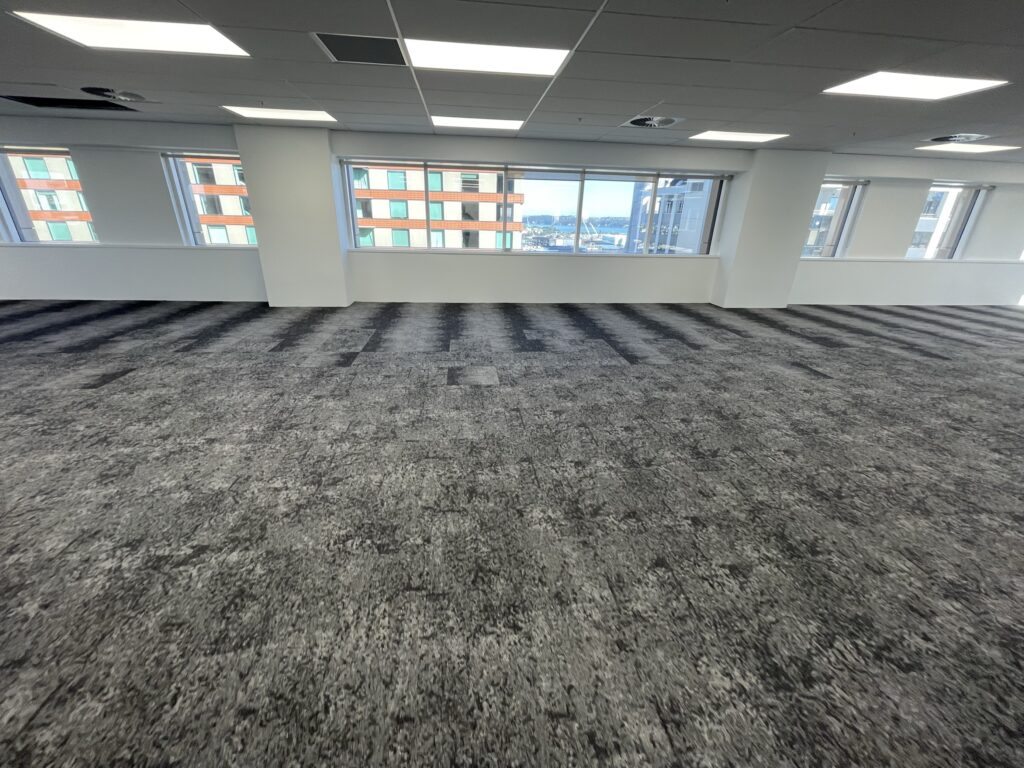 Open-plan office floor with grey carpet tile flooring