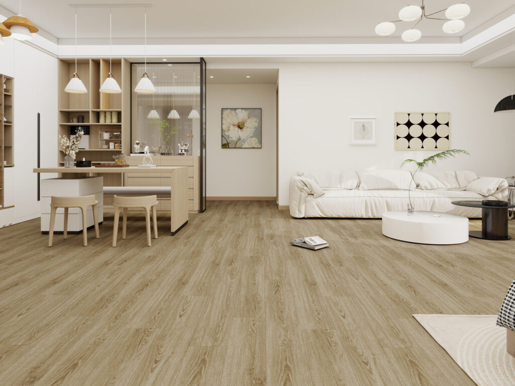Open kitchen and living area on natural oak-look flooring