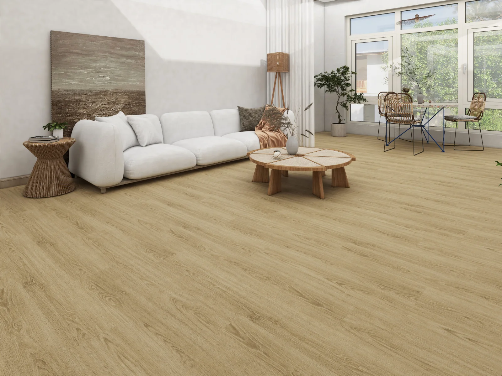Open living room with a white sofa on medium oak-look flooring