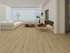 Living room with a white sofa on medium oak-look flooring