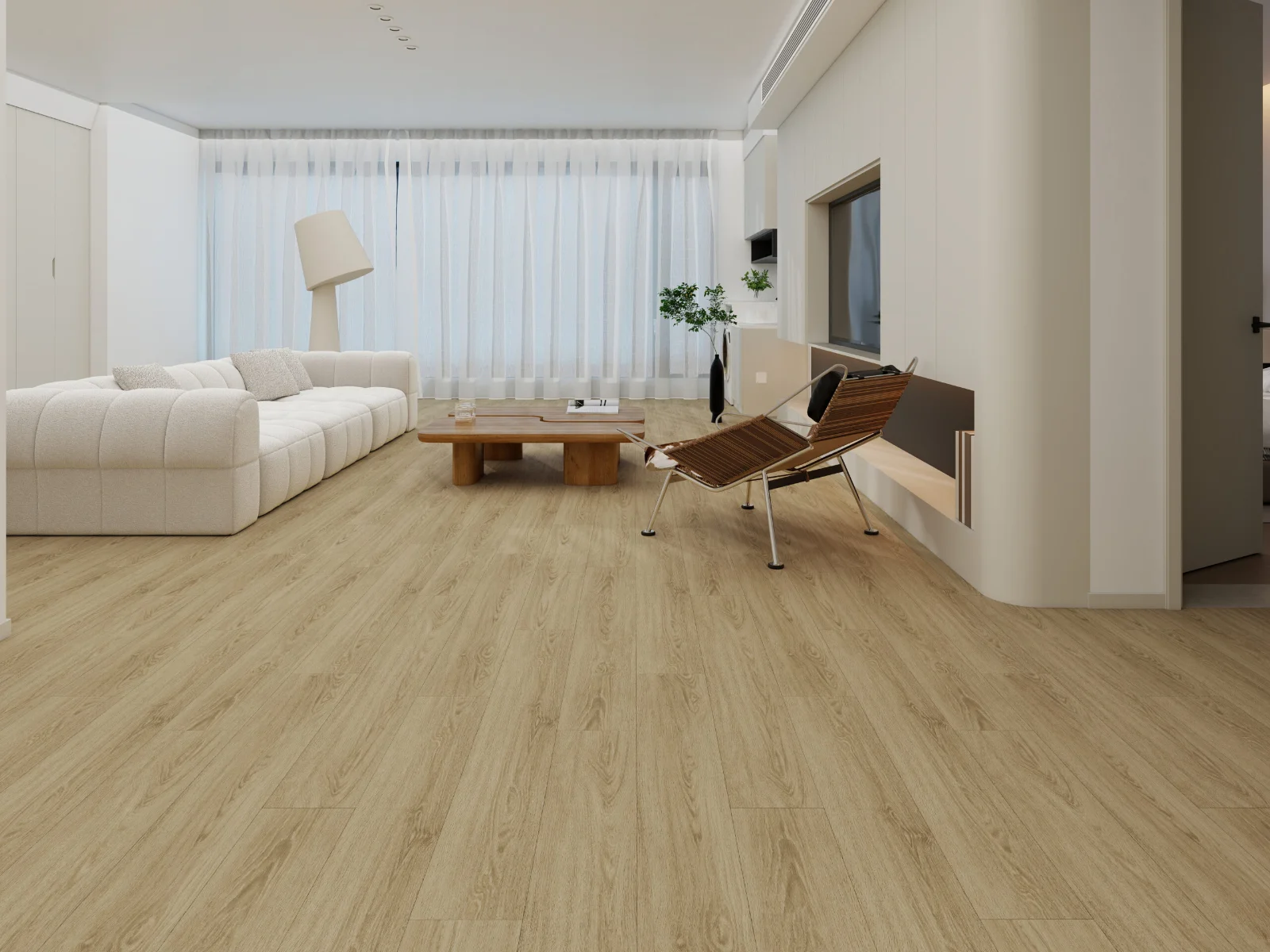 Living room with a white sofa on medium oak-look flooring