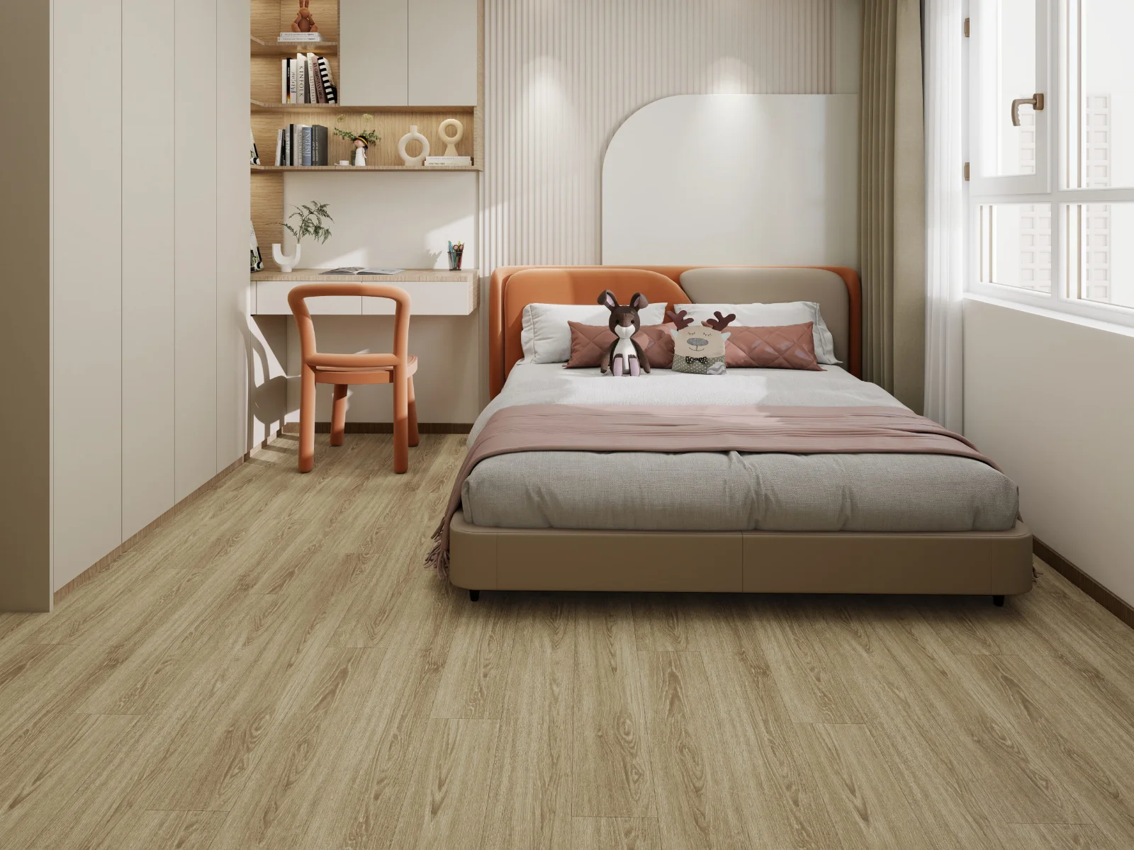 Bedroom with a double bed on natural oak-look flooring