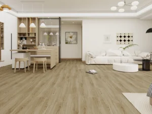 Open kitchen and living area on natural oak-look flooring
