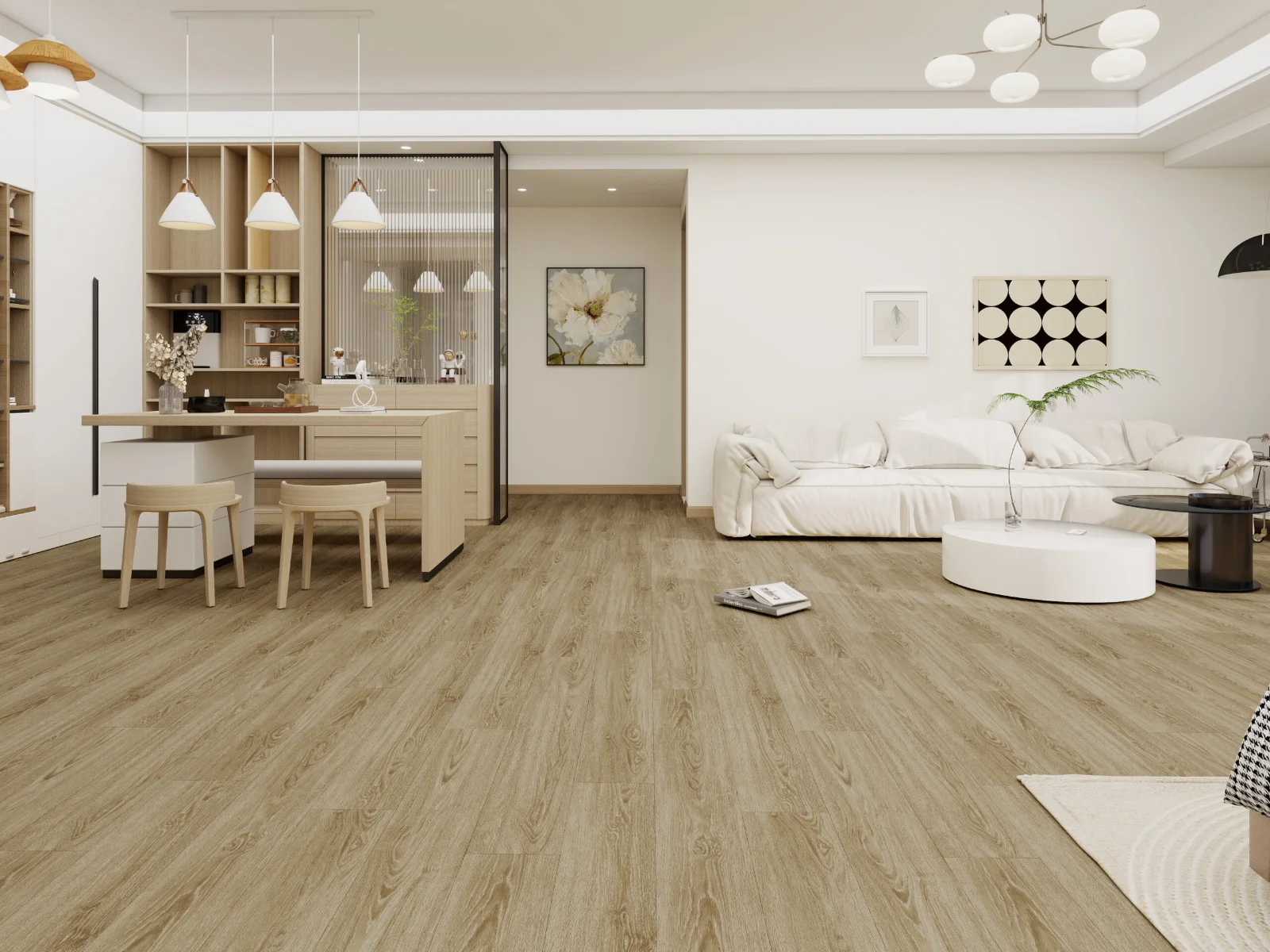 Open kitchen and living area on natural oak-look flooring