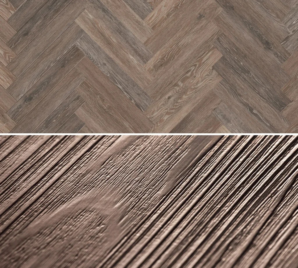 Taupe herringbone timber-look SPC flooring samples
