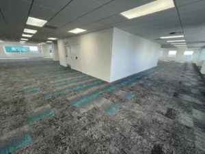 Open office with grey and teal striped carpet tile flooring
